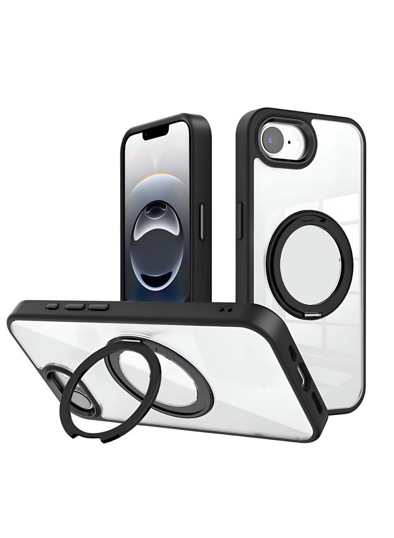 Wtech Apple iPhone 16e 5G 2025 Shockproof Slim Fit Drop-Resistant Full Body Crystal Clear Hard PC Protective Cover with Ring Stand Case Cover - Black - Image 1