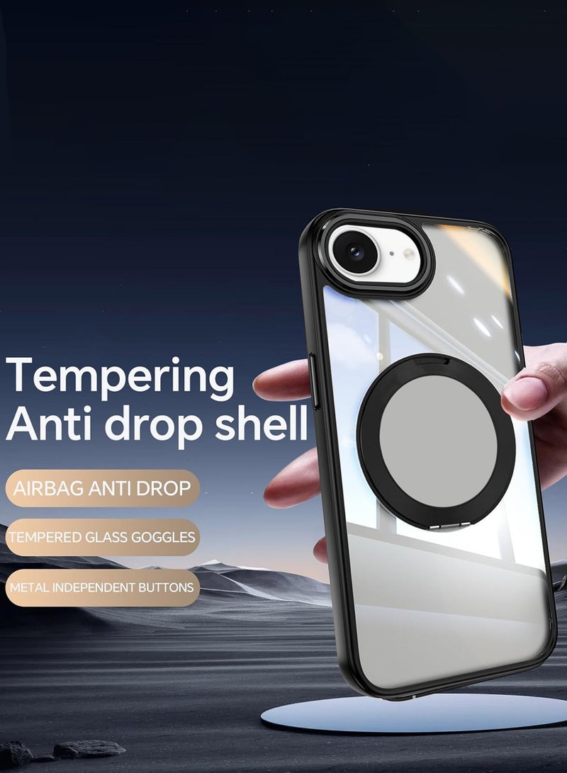 Wtech Apple iPhone 16e 5G 2025 Shockproof Slim Fit Drop-Resistant Full Body Crystal Clear Hard PC Protective Cover with Ring Stand Case Cover - Black - Image 2