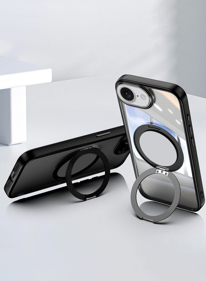 Wtech Apple iPhone 16e 5G 2025 Shockproof Slim Fit Drop-Resistant Full Body Crystal Clear Hard PC Protective Cover with Ring Stand Case Cover - Black - Image 4