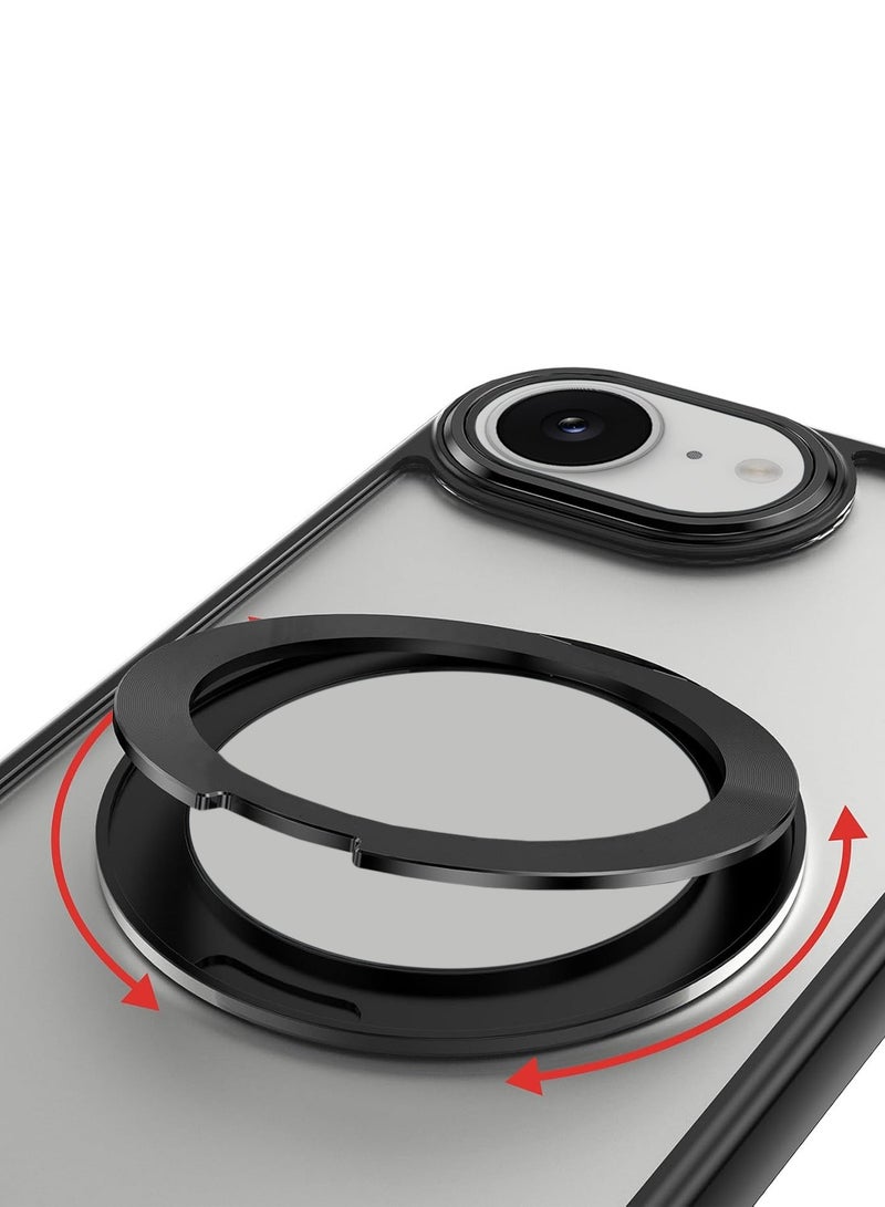 Wtech Apple iPhone 16e 5G 2025 Shockproof Slim Fit Drop-Resistant Full Body Crystal Clear Hard PC Protective Cover with Ring Stand Case Cover - Black - Image 3