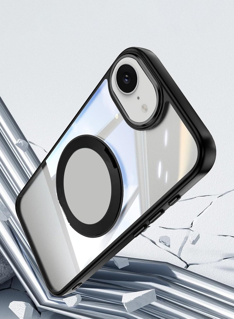 Wtech Apple iPhone 16e 5G 2025 Shockproof Slim Fit Drop-Resistant Full Body Crystal Clear Hard PC Protective Cover with Ring Stand Case Cover - Black - Image 5