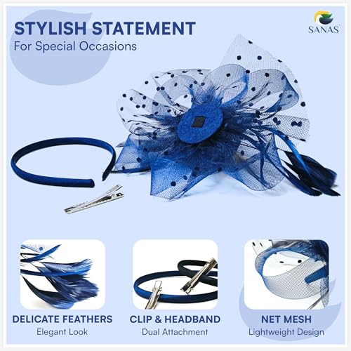 Sanas Fancy Hair Accessories For Women (2Pcs) Fascinators For Girls Dual-Use Clip & Headband For Women Stylish Head Band With Clips Viral Hair Band Elegant Feather Designer Headband (2Pcs) (Black & Blue) - Image 3