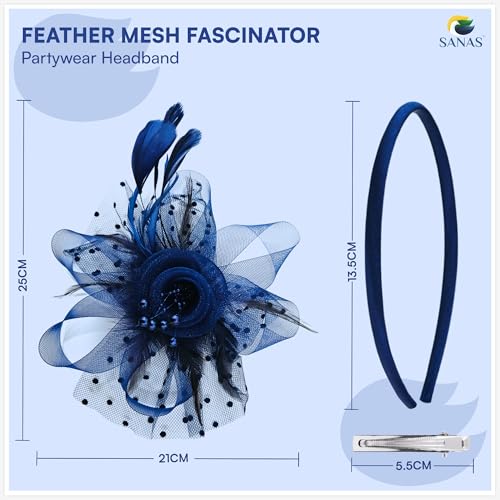 Sanas Fancy Hair Accessories For Women (2Pcs) Fascinators For Girls Dual-Use Clip & Headband For Women Stylish Head Band With Clips Viral Hair Band Elegant Feather Designer Headband (2Pcs) (Black & Blue) - Image 2