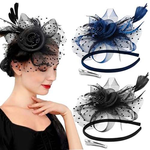 Sanas Fancy Hair Accessories For Women (2Pcs) Fascinators For Girls Dual-Use Clip & Headband For Women Stylish Head Band With Clips Viral Hair Band Elegant Feather Designer Headband (2Pcs) (Black & Blue) - Image 1