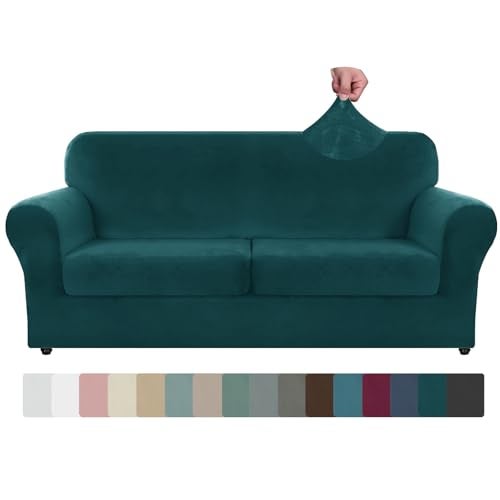 ZNSAYOTX Oversized Velvet 3 Piece Couch Cover with 2 Extra Large Seat Cushion Covers Stretch Sofa Cover for 2 Cushion Couch Thick Soft Loveseat Sofa Slipcover Deep Teal 72922 Cushions