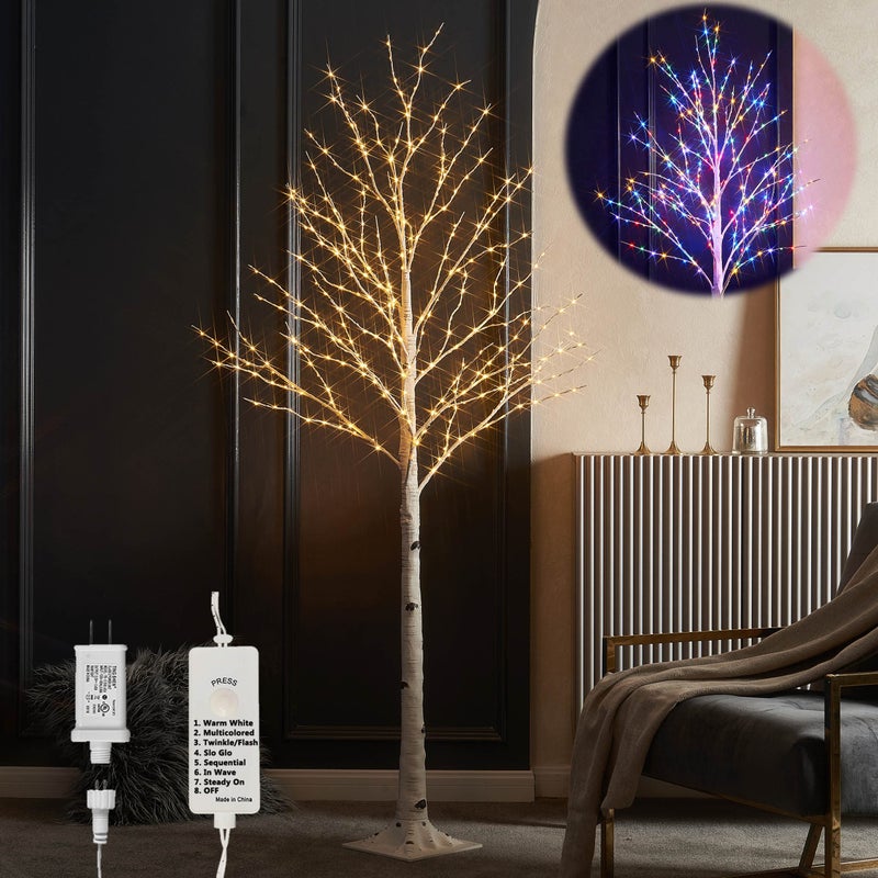 LITBLOOM LITBLOOM Lighted Birch Tree Plug in with 8 Functions 6FT 330 Multi Color and Warm White Fairy Lights White Christmas Tree with Lights for Indoor Outdoor Home Christmas Holiday Party Decoration 