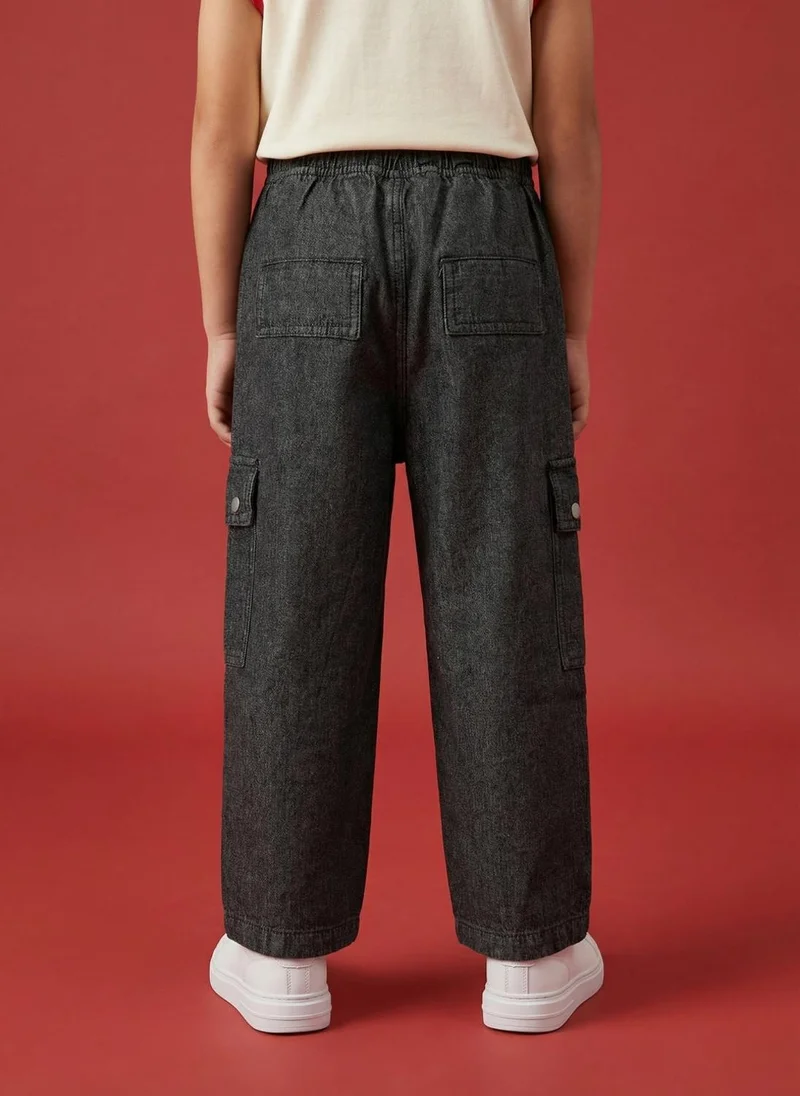 نوتيناتي Nautinati Girls' 100% Cotton Baggy Solid Wide-leg Cargo Jeans