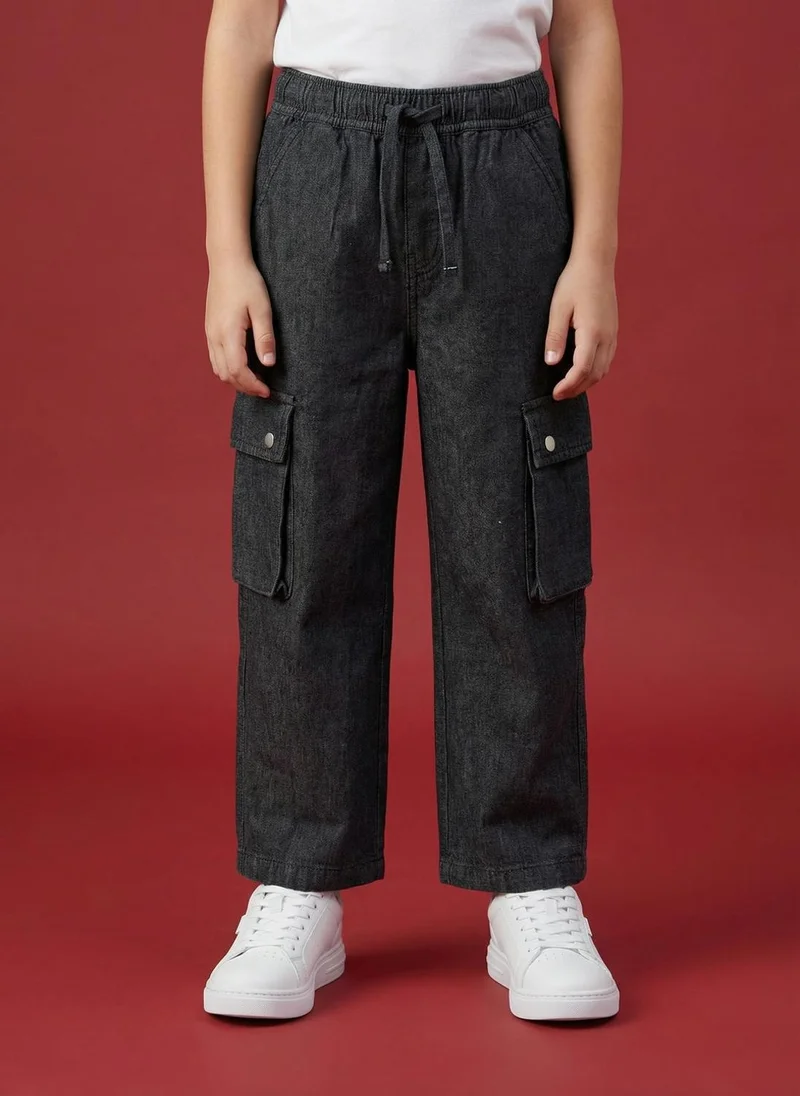نوتيناتي Nautinati Girls' 100% Cotton Baggy Solid Wide-leg Cargo Jeans