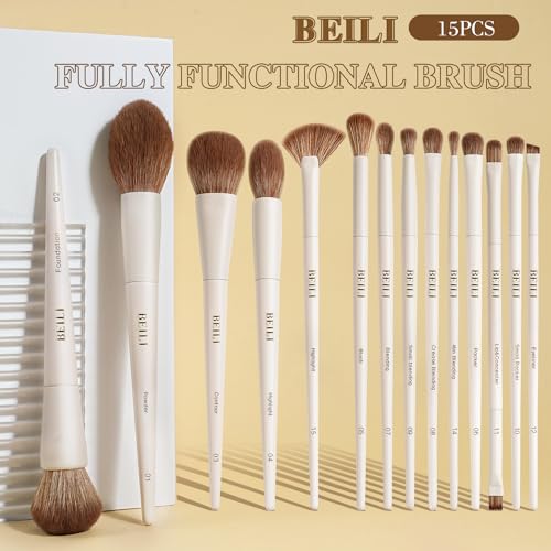 BEILI Makeup Brush Set 15Pcs Labeled Makeup Brushes Premium Synthetic Foundation Powder Contour Blush Concealers Eye Shadow Eyeliner Blending Face Brush Set - Image 2