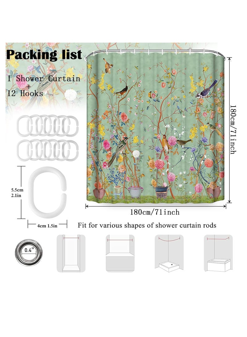 Excefore Shower Curtain Green Mould Proof Resistant Waterproof Bird Floral Bathroom Curtains with 12 hooks Quick-Drying Weighted 180x180cm (71x71Inch) Polyester Shower Curtains for Bathroom Wet Room Tub  - Image 5