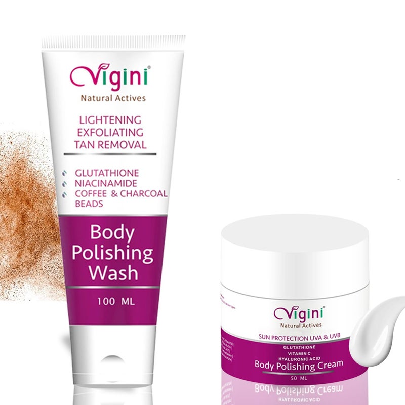 Vigini 1% Kojic Acid Vitamin C Polishing Cream & Glutathione Coffee Body Wash for Pigmentation Dark Spot D De Tan Removal Instant Skin Glowing Brightening Radiance for Men Women Oily & Dry Skin 150 ml