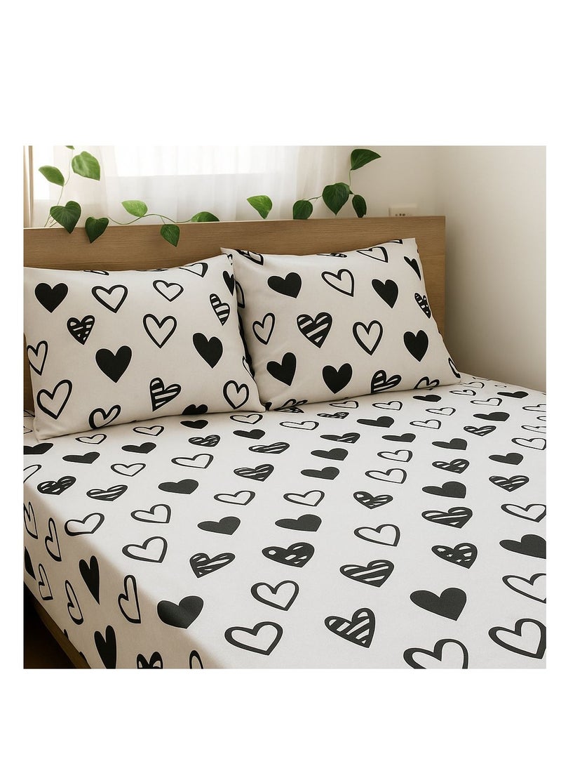 Yarlin-Bed Set (Fitted Bedsheet for 160 cm beds and 2 Small Pillowcases (Black & Heart) Design