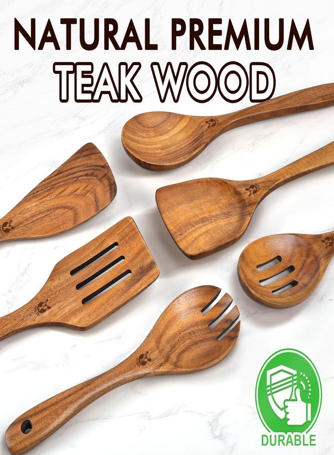 ICSTI Wooden Spoons for Cooking, 6 Pcs Natural Teak Wooden Kitchen Utensils Set, Cooking Utensils Set with Long & Comfort Grip, Wooden Spoons Spatula Set Perfect for Non-Stick Cookware - Image 2