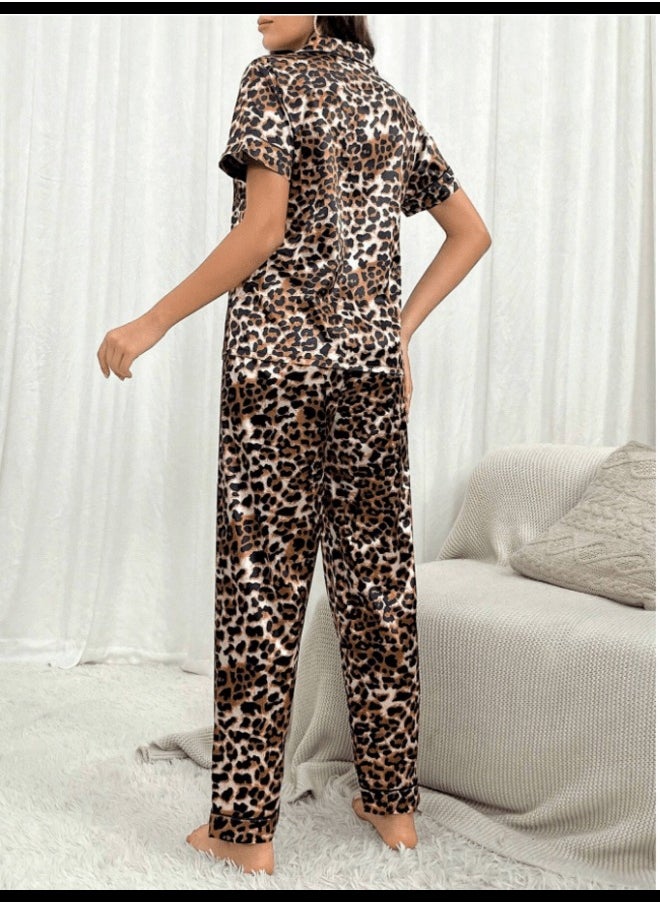 Shein Shein LuxeNights Leopard Print Contrast Piping Satin PJ Set / Pajama Set  - Image 4