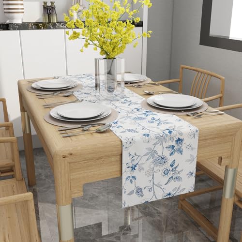 Rotumaty Blue and White Floral Table Runner - Monochrome Sketch Flowers Chinoiserie Peony Daisy Decor Summer Spring Seasonal Home Decorations for Kitchen Dining Table Party Ornaments 13 × 72 Inch - Image 2