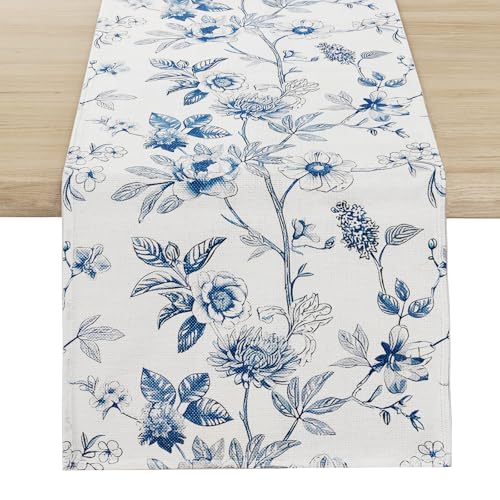 Rotumaty Blue and White Floral Table Runner - Monochrome Sketch Flowers Chinoiserie Peony Daisy Decor Summer Spring Seasonal Home Decorations for Kitchen Dining Table Party Ornaments 13 × 72 Inch - Image 1