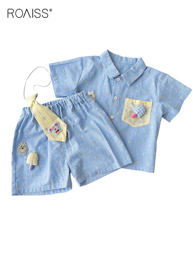 roaiss 3 Piece Comortable Clothing Set for Toddler Boys, High-quality Checkered Shirt and Shorts Set with Necktie, Adorable Summer Outfit with Short Sleeve Top and Elastic Waist Short Pants  - Image 1
