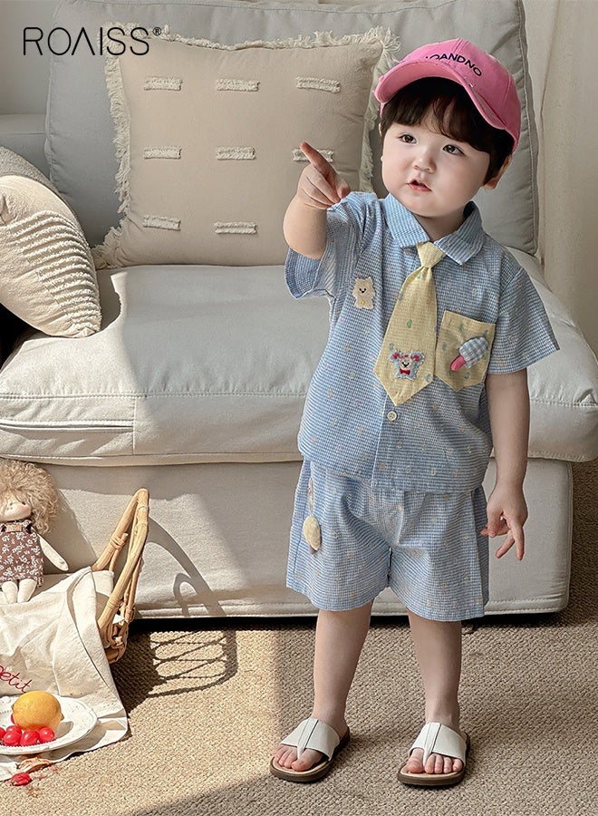 roaiss 3 Piece Comortable Clothing Set for Toddler Boys, High-quality Checkered Shirt and Shorts Set with Necktie, Adorable Summer Outfit with Short Sleeve Top and Elastic Waist Short Pants  - Image 5
