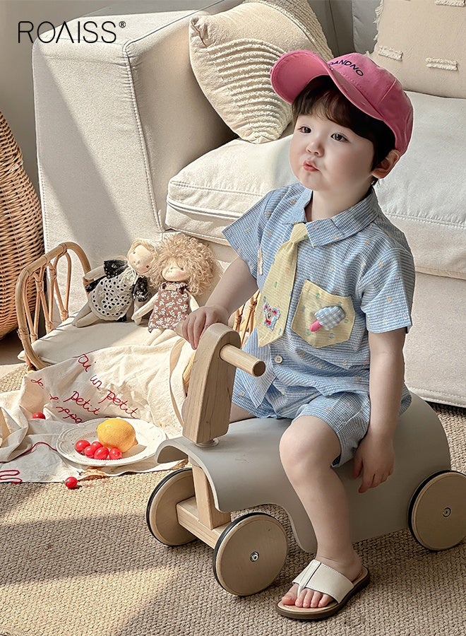 roaiss 3 Piece Comortable Clothing Set for Toddler Boys, High-quality Checkered Shirt and Shorts Set with Necktie, Adorable Summer Outfit with Short Sleeve Top and Elastic Waist Short Pants  - Image 4