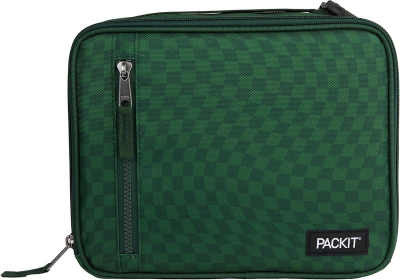 Pac-Kit Freezable Classic Lunch Box, Checker Wave Olive, Built with ECOFREEZE Technology, Collapsible, Reusable, Zip Closure With Zip Front Pocket and Buckle Handle, Designed for Fresh Lunch On the Go - Image 1