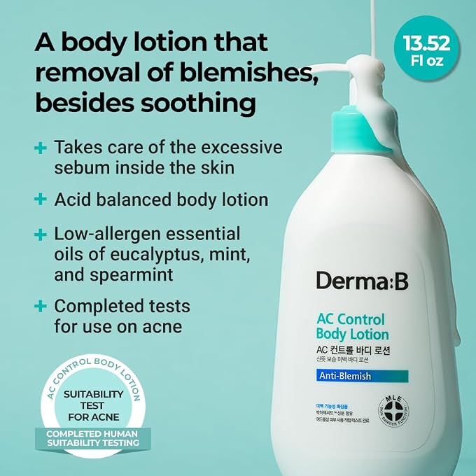 derma b | AC Control Body Lotion | Moisturizer for Anti-Blemish & Pimples | Water-Oil Control | Hypoallergenic Solution for All Skin Types | Body Cream for Soothing & Refreshing | 13.52 fl oz (400ml) - Image 2