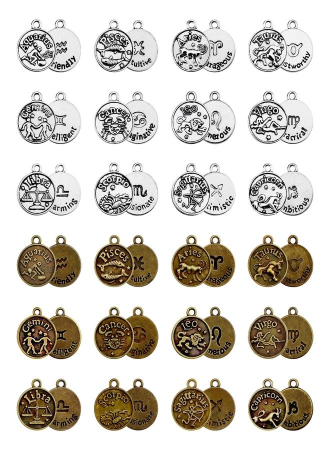 JIALEEY DIY Zodiac Charm Set, 48 Count 4 Sets Antique Tibetan Silver and Bronze Round Zodiac Sign Charms Constellation Pendants for Necklace Bracelet Jewelry Making and Crafting - Image 1