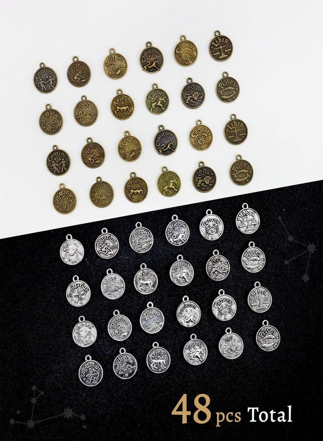 JIALEEY DIY Zodiac Charm Set, 48 Count 4 Sets Antique Tibetan Silver and Bronze Round Zodiac Sign Charms Constellation Pendants for Necklace Bracelet Jewelry Making and Crafting - Image 3