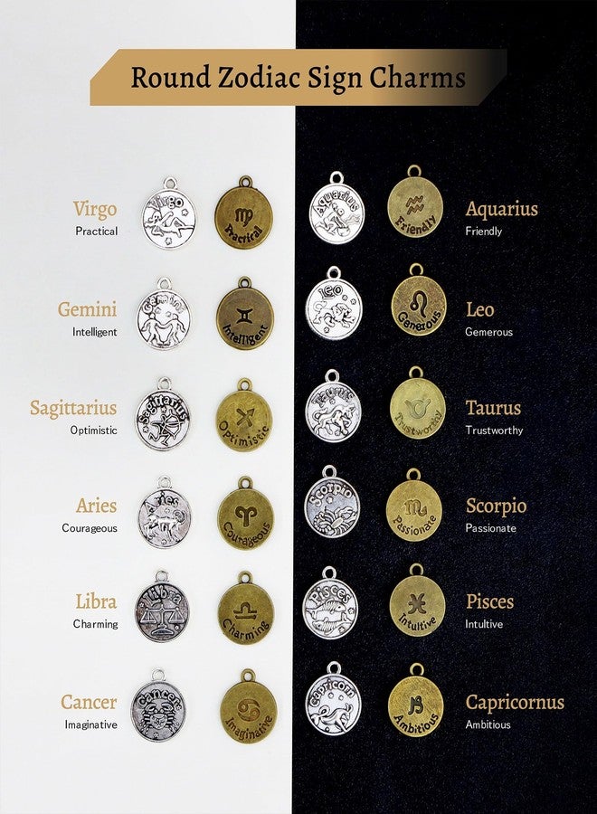 JIALEEY DIY Zodiac Charm Set, 48 Count 4 Sets Antique Tibetan Silver and Bronze Round Zodiac Sign Charms Constellation Pendants for Necklace Bracelet Jewelry Making and Crafting - Image 4