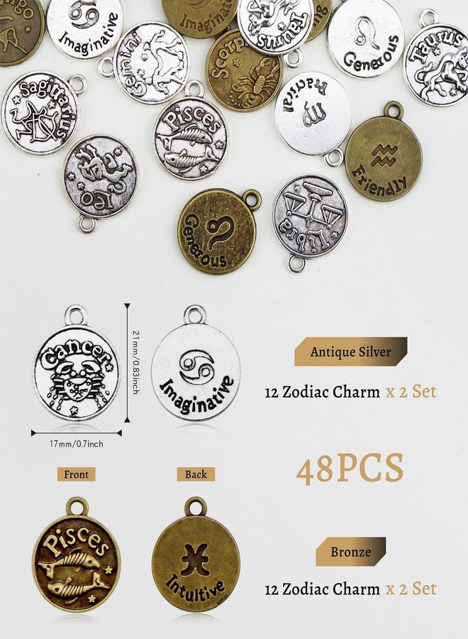 JIALEEY DIY Zodiac Charm Set, 48 Count 4 Sets Antique Tibetan Silver and Bronze Round Zodiac Sign Charms Constellation Pendants for Necklace Bracelet Jewelry Making and Crafting - Image 2