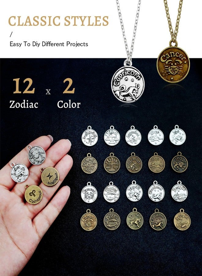 JIALEEY DIY Zodiac Charm Set, 48 Count 4 Sets Antique Tibetan Silver and Bronze Round Zodiac Sign Charms Constellation Pendants for Necklace Bracelet Jewelry Making and Crafting - Image 5