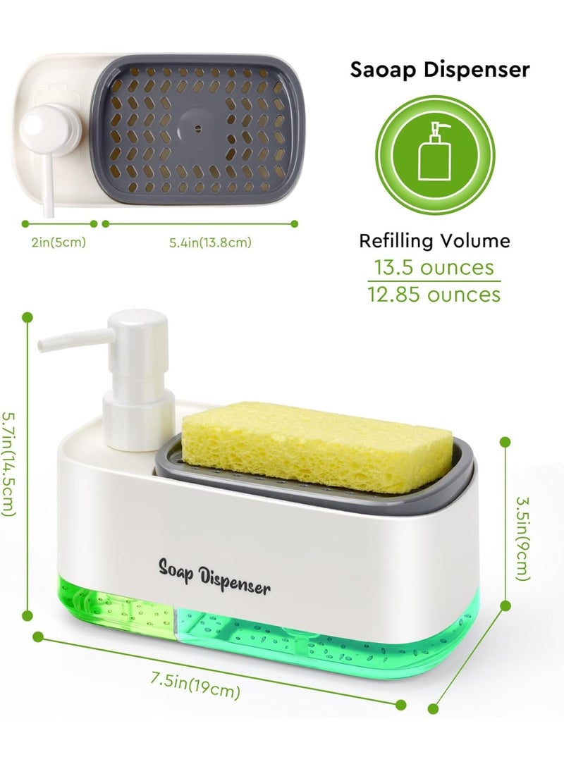 Kimaya Hand and Dish Soap Dispenser Set for Kitchen, Dual Soap Dispenser with Sponge Holder, 3-in-1 Countertop Soap Pump Dispenser for Kitchen Sink, Useful Kitchen Gadgets, White Dove - Image 2