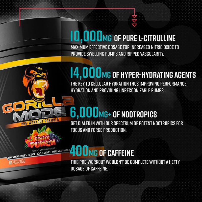 Gorilla Mind Pre Workout  Massive Pumps Laser Focus Energy Power  LCitrulline Creatine LTyrosine Betaine Hydroprime AlphaGPC 400mg Caffeine Huperzine A 800g BlackBerry Lemonade - Image 5