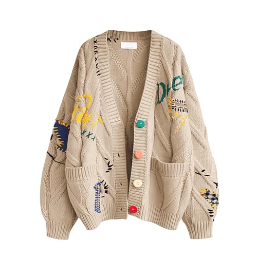 ebossy Women's Cable Knit Long Sleeve Open Front Cardigan Sheep V-Neck Button Down Embroidery Wool Blend Sweater Coat Outwear (2XL, Khaki) - Image 1