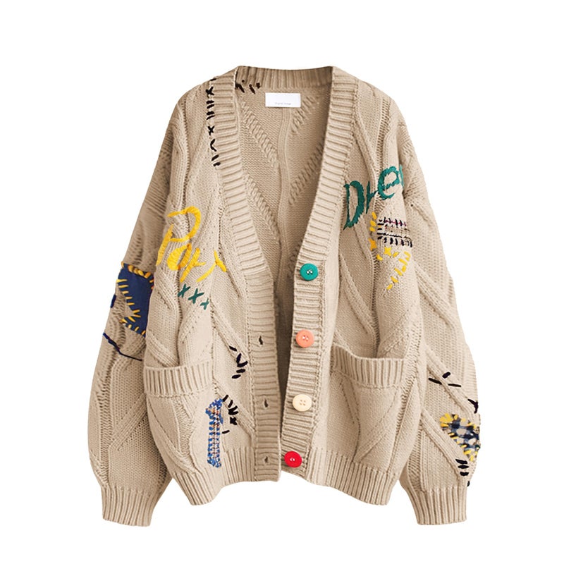 ebossy Women's Cable Knit Long Sleeve Open Front Cardigan Sheep V-Neck Button Down Embroidery Wool Blend Sweater Coat Outwear (2XL, Khaki) - Image 5