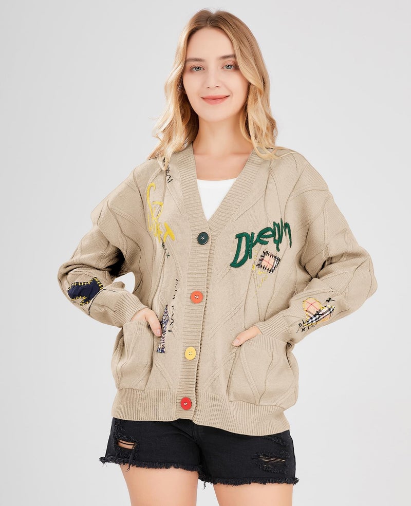 ebossy Women's Cable Knit Long Sleeve Open Front Cardigan Sheep V-Neck Button Down Embroidery Wool Blend Sweater Coat Outwear (2XL, Khaki) - Image 2