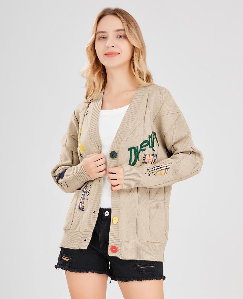 ebossy Women's Cable Knit Long Sleeve Open Front Cardigan Sheep V-Neck Button Down Embroidery Wool Blend Sweater Coat Outwear (2XL, Khaki) - Image 4