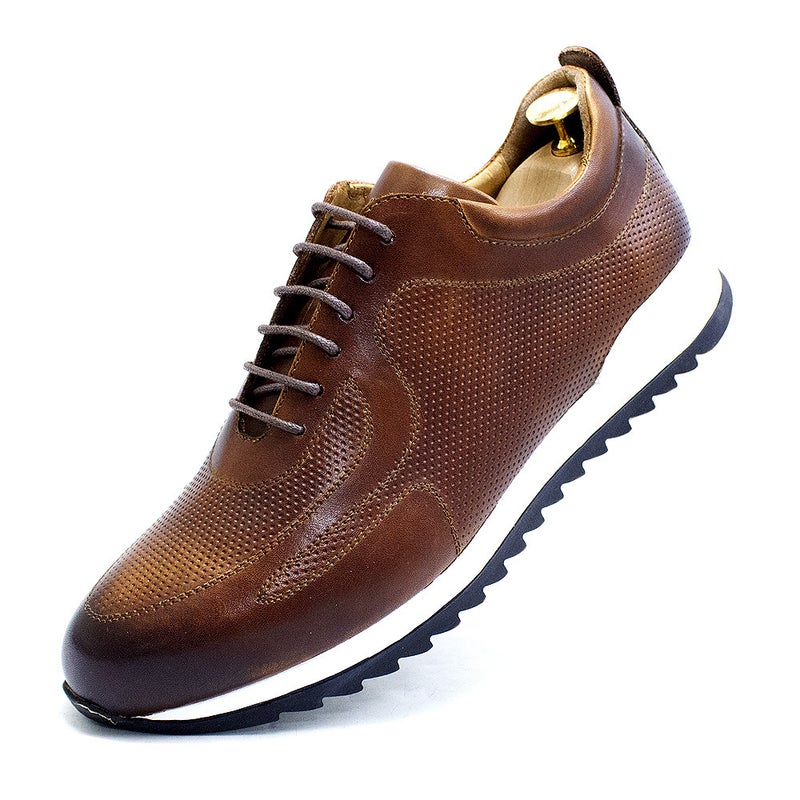 Mens Genuine Leather Shoes Lace-Up Embossed Fashion Casual Brown 