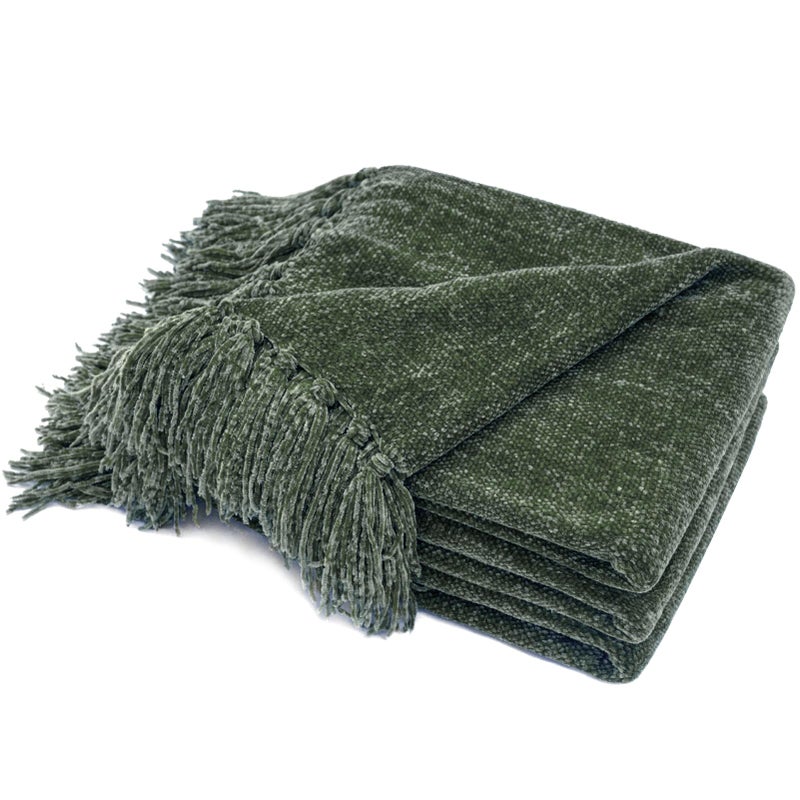 RECYCO Throw Blanket Soft Cozy Chenille Throw Blanket with Fringe Tassel for Couch Sofa Chair Bed Living Room Gift Dark Green 50 x 60