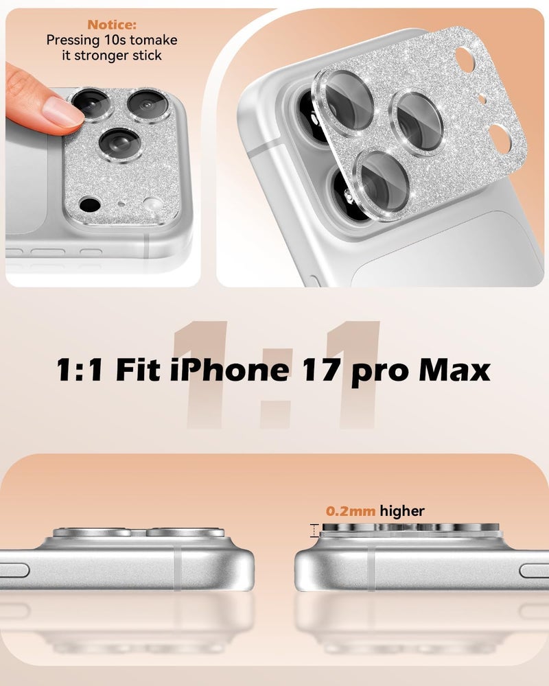 CloudValley for iPhone 17 Pro Max Camera Lens Protector Glitter - Bling Camera Cover with 9H [Anti-Scratch & Easy Install], Metal Ring Decoration Accessories, Glitter Silver - Image 4