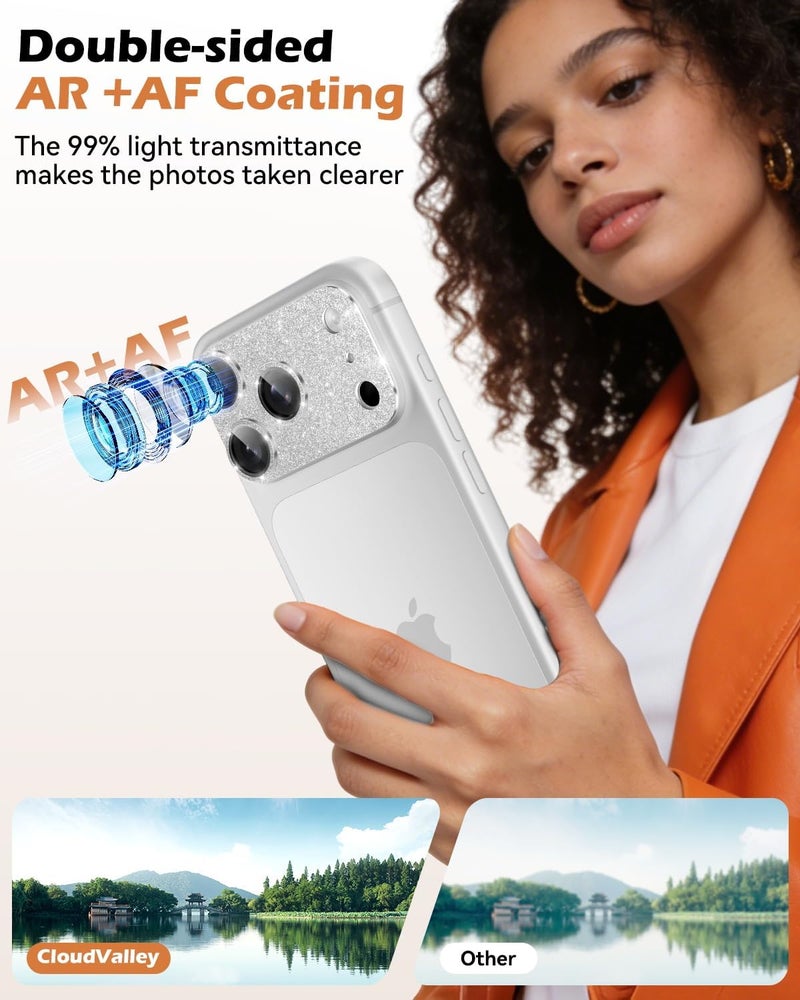 CloudValley for iPhone 17 Pro Max Camera Lens Protector Glitter - Bling Camera Cover with 9H [Anti-Scratch & Easy Install], Metal Ring Decoration Accessories, Glitter Silver - Image 2