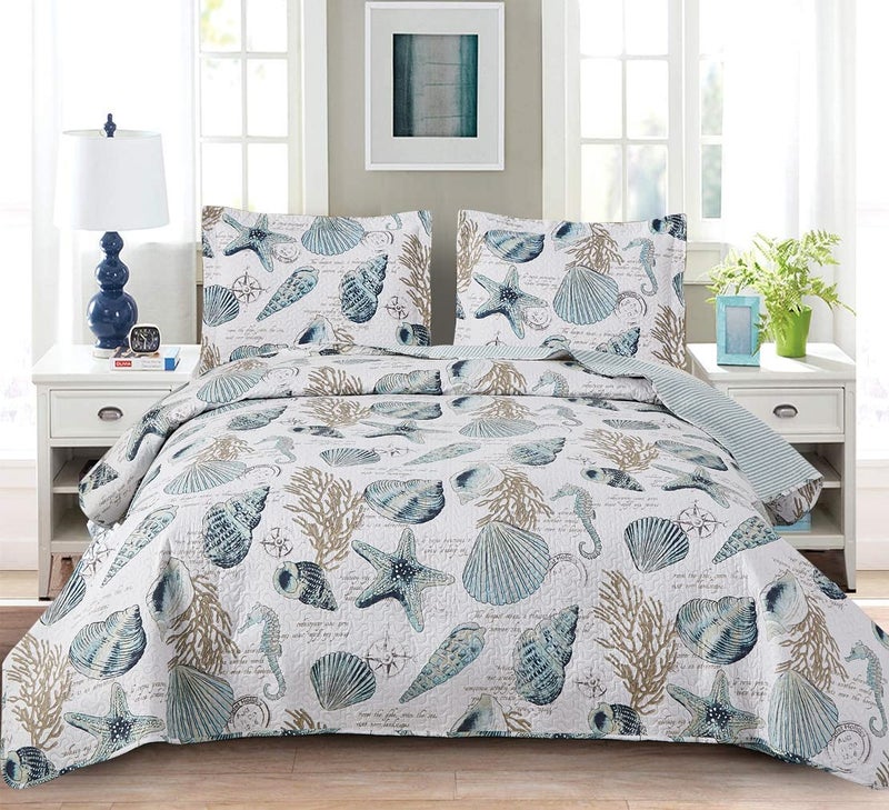Jarson Summer Beach Bedspreads Set Seashell Conch Coverlet Sets FullQueen Size3Pcs Lightweight Coastal Quilts Starfish Seahorse Seaweed Printed Bedding Pillow Shams