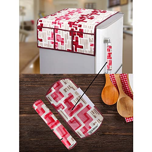 E-Retailer® Polyester 3-Layered Fridge Top Cover/Refrigerator Cover With 6 Utility Pockets and 2 Pcs. Handle Cover (Color Red, Size-39x21 Inches) - Image 1