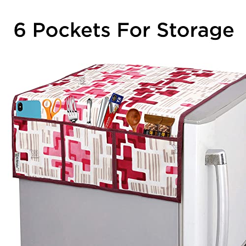 E-Retailer® Polyester 3-Layered Fridge Top Cover/Refrigerator Cover With 6 Utility Pockets and 2 Pcs. Handle Cover (Color Red, Size-39x21 Inches) - Image 3