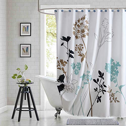 BESTRIPES Fabric Floral Shower Curtain Long Blue and White Shower Curtain Teal and Brown Plant Shower Curtains for Bathroom Modern Decorative Bathroom Curtains  72 W x 78 H