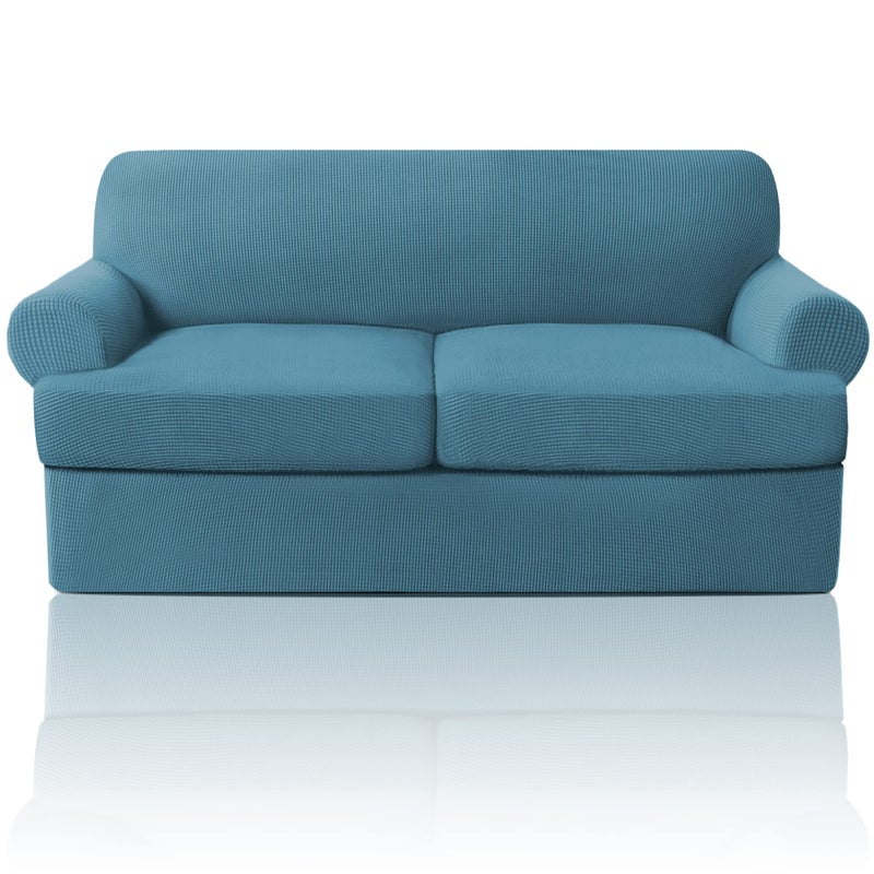 غطاء أريكة PrinceDeco T Cushion 3 قطع لكرسي محبب مع 2 غطاء مقعد T فردي بعرض يصل إلى 72 بوصة قابل للتمدد وقابل للغسل في الغسالة باللون الأزرق العاصف
