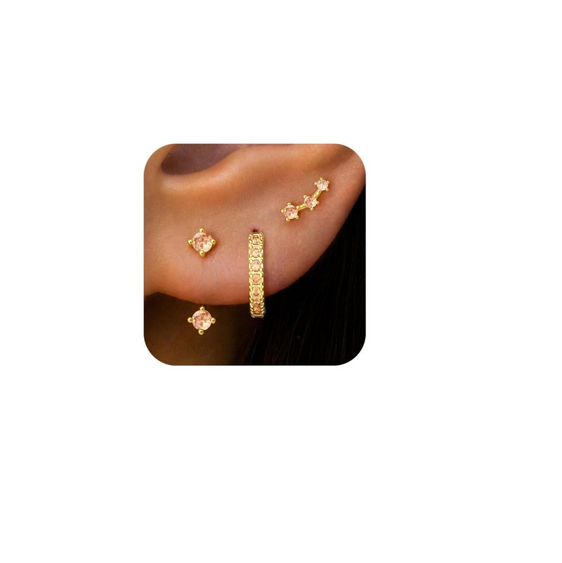 Gold Champagne Brown Earrings Set for Women Dainty Small Cute Jacket Stud Huggie Hoop Earring Stack for Multiple Piercing November Birthstone Trendy Jewelry Gifts