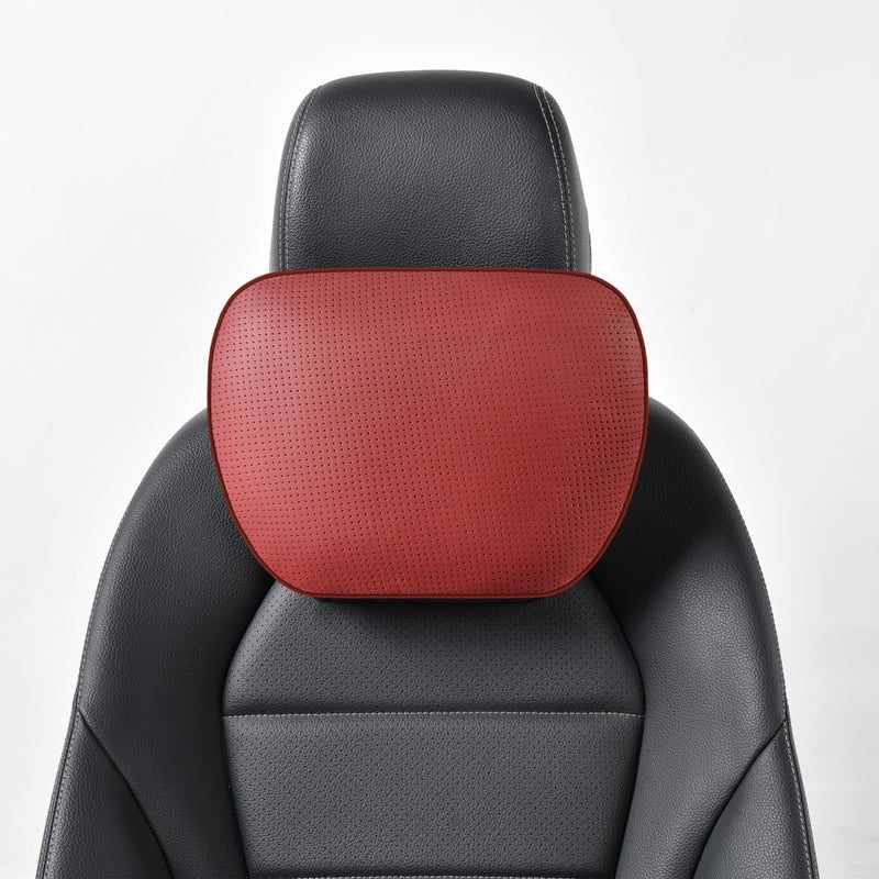 POKSRI Genuine Cowhide Leather Headrest car Neck PillowHead Support Rest Driver118x75Real Cow LeatherSuedePlantBased PolyesterrefillableAdjustable Travel Vehicle CushionWine1p