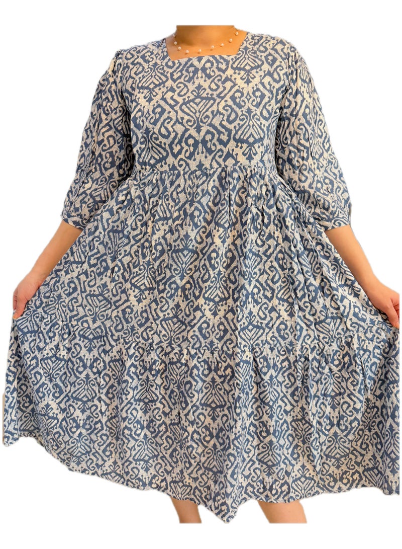 Maternity, Feeding Dress, Square Neck, 3/4 Sleeves, Blue, Stylish & Comfortable - Image 1