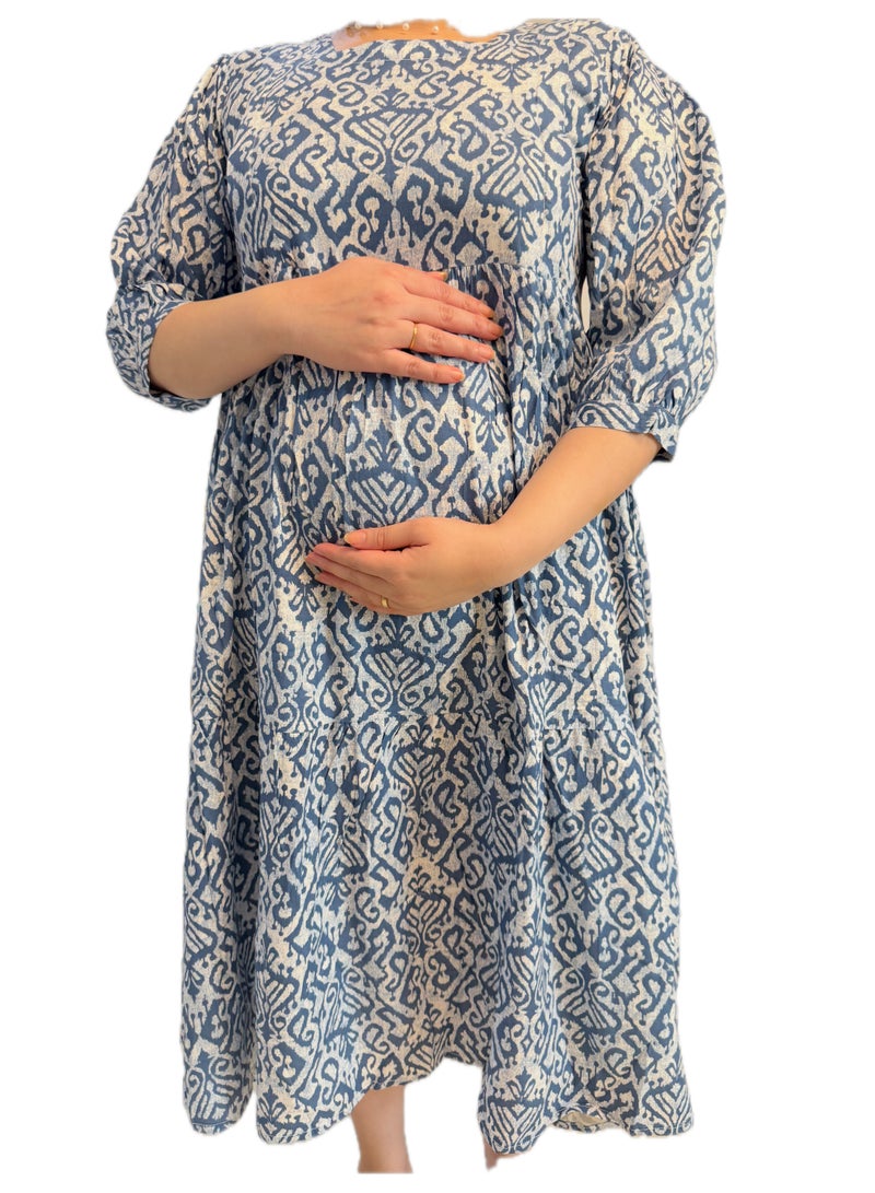 Maternity, Feeding Dress, Square Neck, 3/4 Sleeves, Blue, Stylish & Comfortable - Image 2