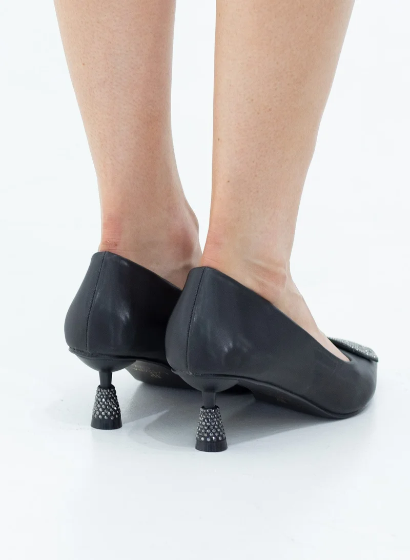 LAMARAPARIS Hayko 5cm heel satin court with sqr diamante trim black